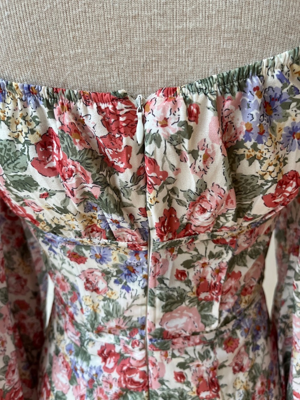 Sabo Floral Puff-Sleeve Mini Dress Cream Rose Green Purple designed in Australia - Picture 10 of 13